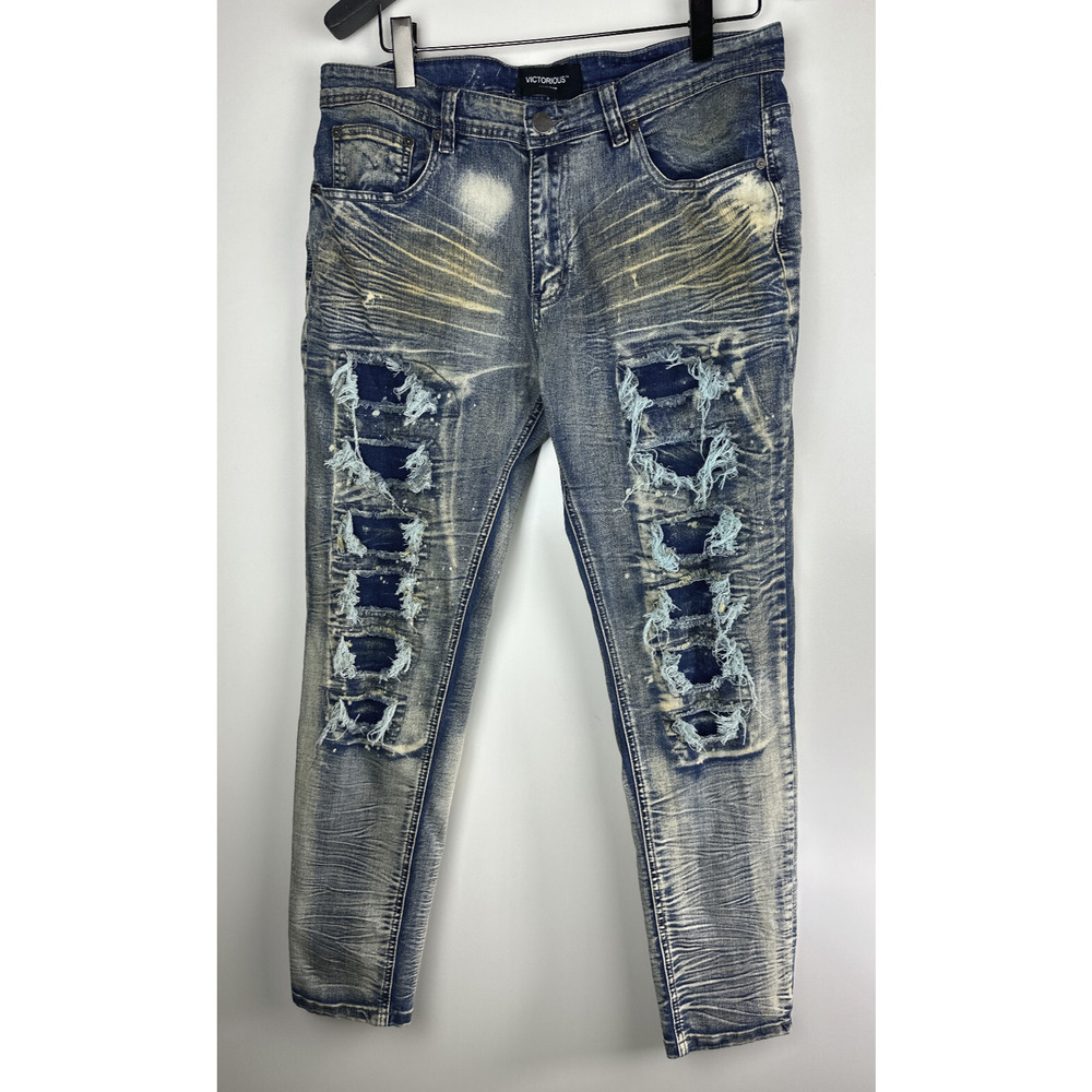 Victorious Denim Jeans Distressed Discolored Destroyed Splatter Men's 34 X 32